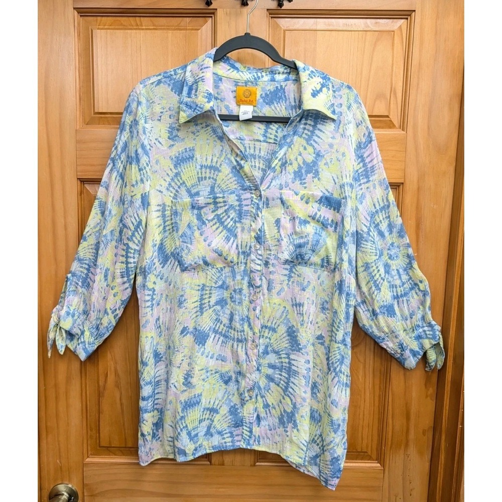 Ruby Rd. Women's XL Blouse Button-Down Front 3/4 Tie Hem Sleeves Collared Top